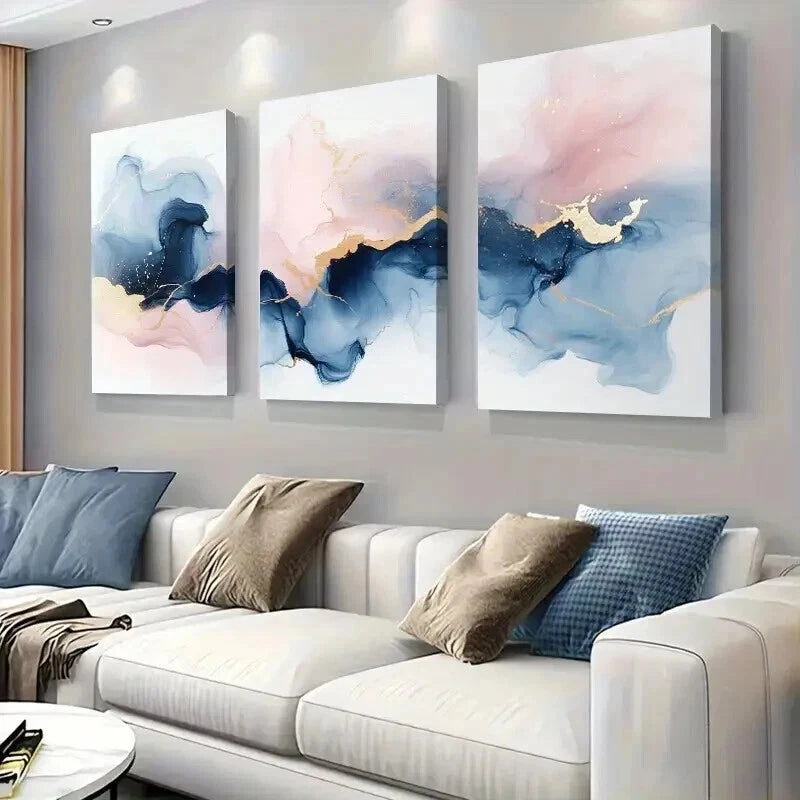 3pcs Abstract Ink Paintings In Shades Of Blue Wall Art Set Canvas Framed 60x90cm - High Quality Print 100% Australian Made Wall Canvas Ready to Hang - Bella Home Decor