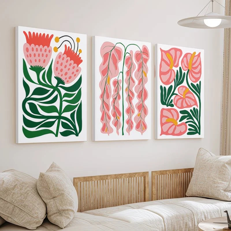 3pcs Spring Pink Flowers Botanical Wall Art Set Canvas Framed 40x60cm - High Quality Print 100% Australian Made Wall Canvas Ready to Hang - Bella Home Decor