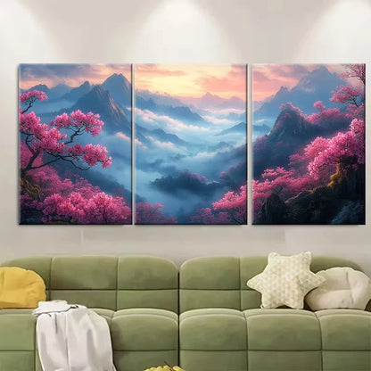 3pcs Misty Mountain Landscape with Pink RhododendroMetal Print Ready to Hang Art