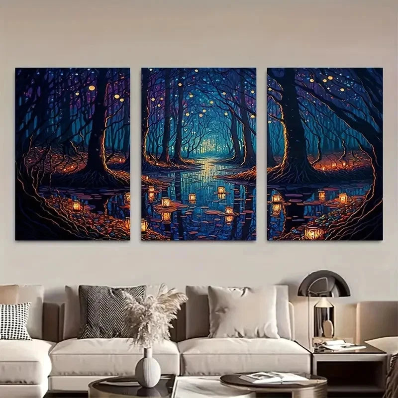 3pcs Fantasy Forest Floating Lanterns Metal Print Ready to Hang Art
