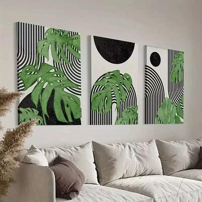 3pcs Geometric Monstera Leaf Wall Art Set Canvas Framed 50x70cm - High Quality Print 100% Australian Made Wall Canvas Ready to Hang