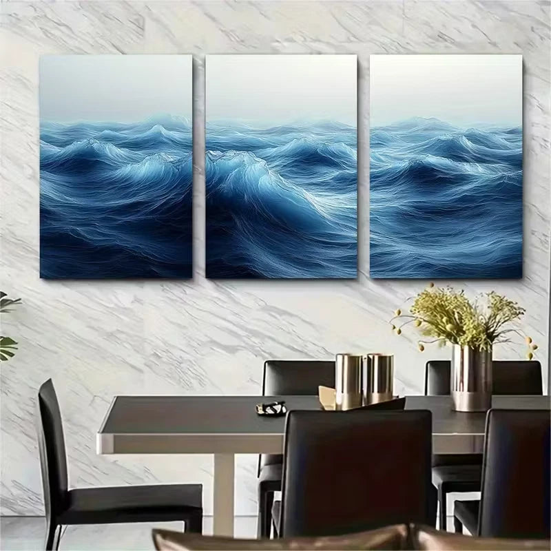 3pcs Abstract Ocean Waves Minimalist Design Metal Print Ready to Hang Art - Bella Home Decor