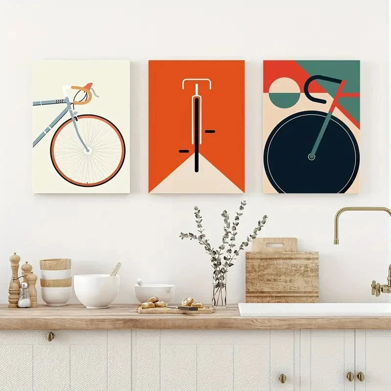 3pcs Abstract Cycling Prints with Vintage Metal Print Ready to Hang Art - Bella Home Decor