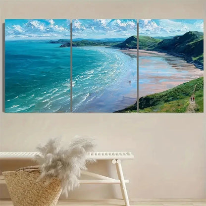 3pcs Rhossili Bay Seaside Coastal Landscape Wall Art Set Canvas Framed 50x70cm - High Quality Print 100% Australian Made Wall Canvas Ready to Hang