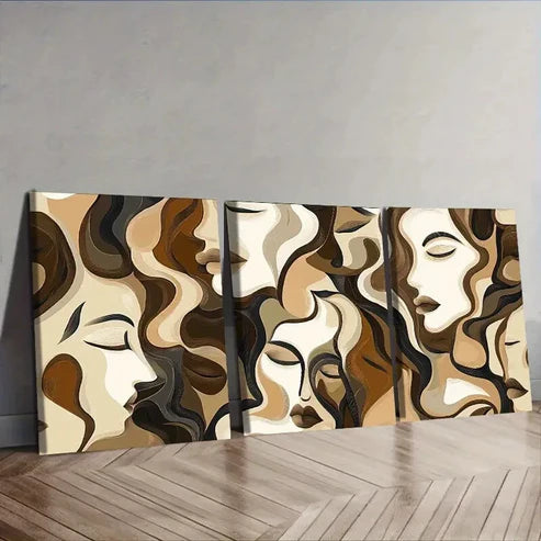 3pcs Brown and Beige Faces Wall Art Set Canvas Unframed - High Quality Print 100% Australian Made Wall Canvas - Bella Home Decor