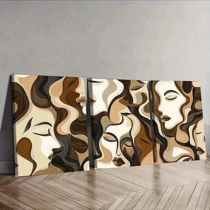 3pcs Brown and Beige Faces Wall Art Set Canvas Unframed - High Quality Print 100% Australian Made Wall Canvas - Bella Home Decor