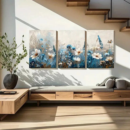 3pcs Abstract Floral Soft Blue White Flowers Metal Print Ready to Hang Art - Bella Home Decor
