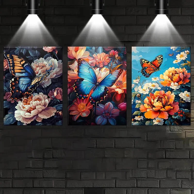 3pcs Simple Butterfly Colourful Flowers Metal Print Ready to Hang Art - Bella Home Decor
