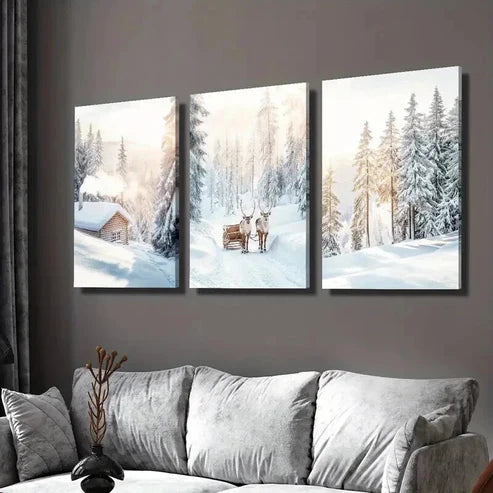 3pcs Snowy Trees Scene & Christmas Elk  Wall Art Set Canvas Unframed - High Quality Print 100% Australian Made Wall Canvas