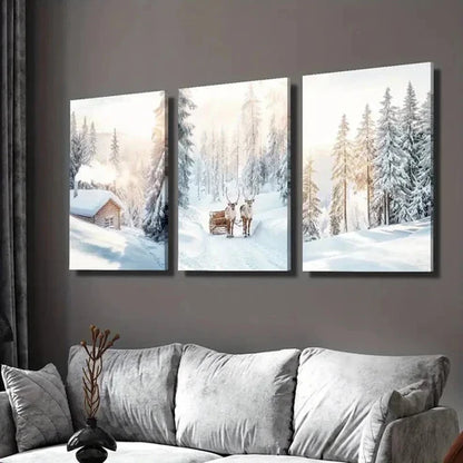 3pcs Snowy Trees Scene & Christmas Elk  Wall Art Set Canvas Unframed - High Quality Print 100% Australian Made Wall Canvas
