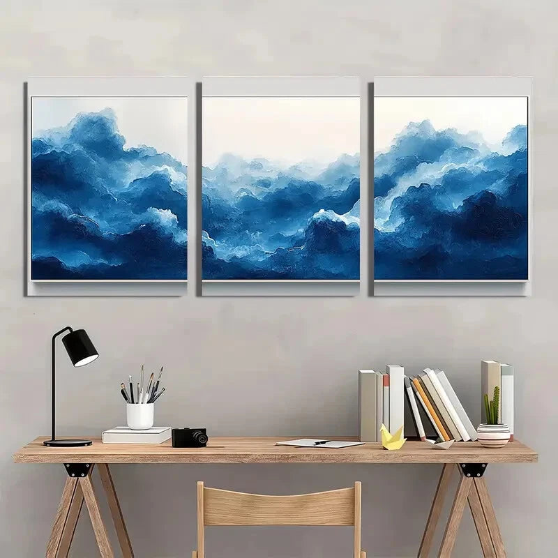 3pcs Vintage Abstract Navy Blue Cloud Sky Metal Print Ready to Hang Art - Bella Home Decor