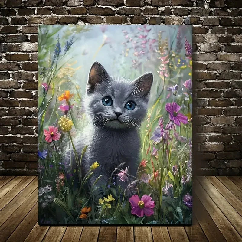 Adorable Russian Blue Kitten Among Flower Painting 40x60cm Metal Print Ready to Hang
