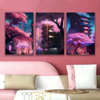 3pcs Neon-Lit Urban With Cherry Blossoms Wall Art Set Canvas Framed 50x70cm - High Quality Print 100% Australian Made Wall Canvas Ready to Hang