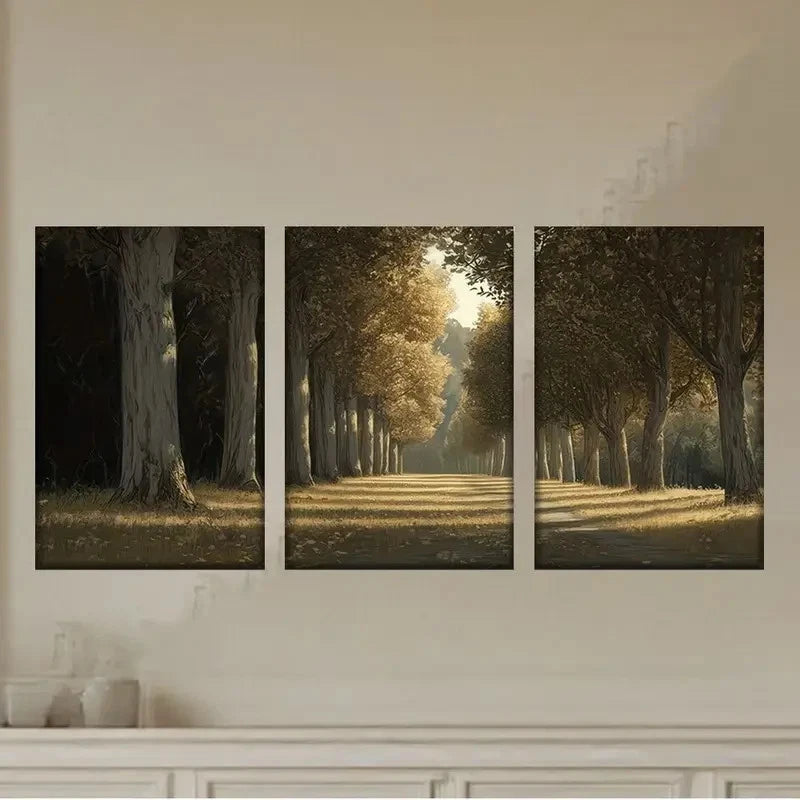 3pcs Painting of a Road Lined with Trees Wall Art Set Canvas Framed 50x70cm - High Quality Print 100% Australian Made Wall Canvas Ready to Hang