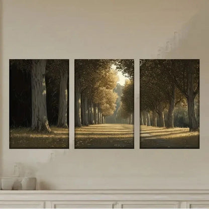 3pcs Painting of a Road Lined with Trees Wall Art Set Canvas Framed 50x70cm - High Quality Print 100% Australian Made Wall Canvas Ready to Hang