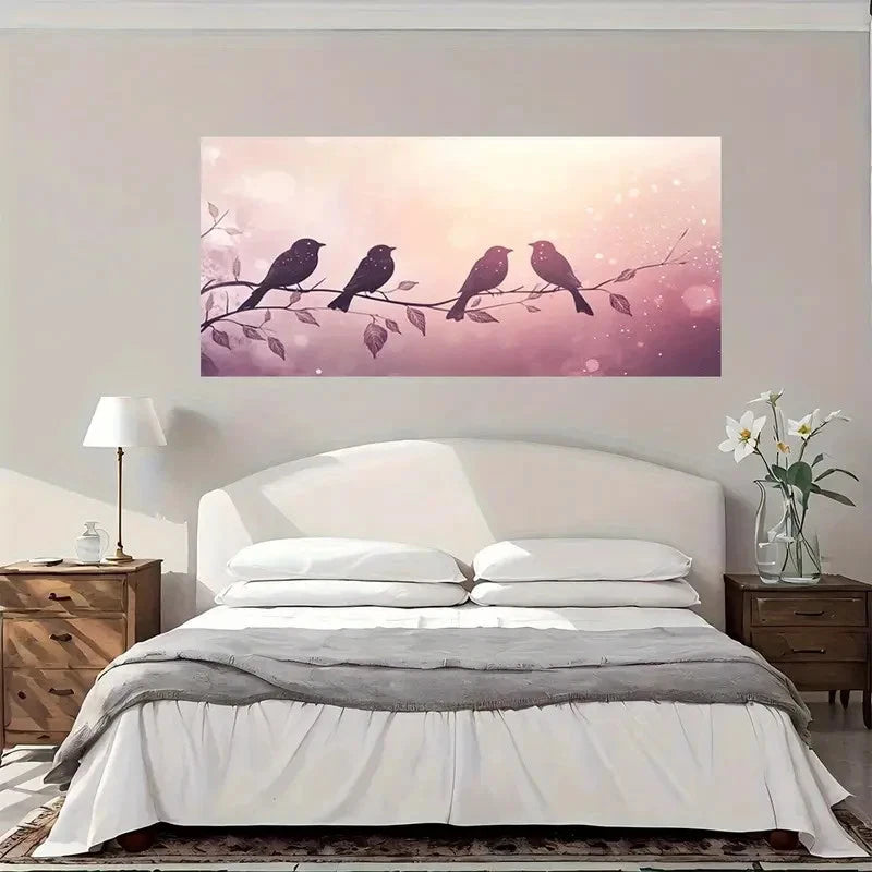 Four Birds On Branch Design Wall Art Canvas Office Home Room Framed 120x60cm