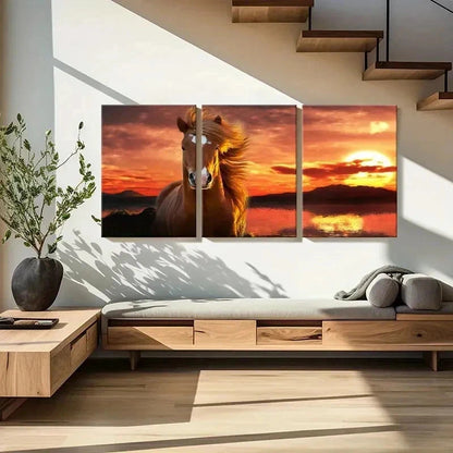 3pcs Vintage Hairy Horse at Sunset Wall Art Set Canvas Framed 60x90cm - High Quality Print 100% Australian Made Wall Canvas Ready to Hang