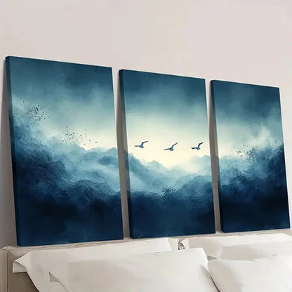 3pcs Blue Smoke Wave & Birds Abstract  Wall Art Canvas Unframed - High Quality Print 100% Australian Made Wall Canvas - Bella Home Decor