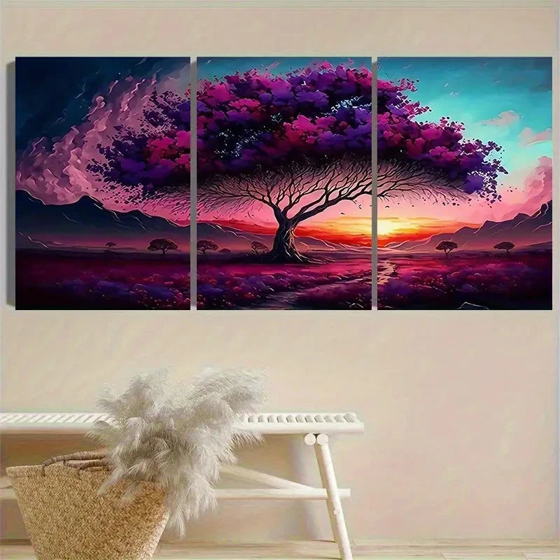 3pcs Dreamy Purple Tree at Dusk Wall Art Set Canvas Framed 50x70cm - High Quality Print 100% Australian Made Wall Canvas Ready to Hang - Bella Home Decor