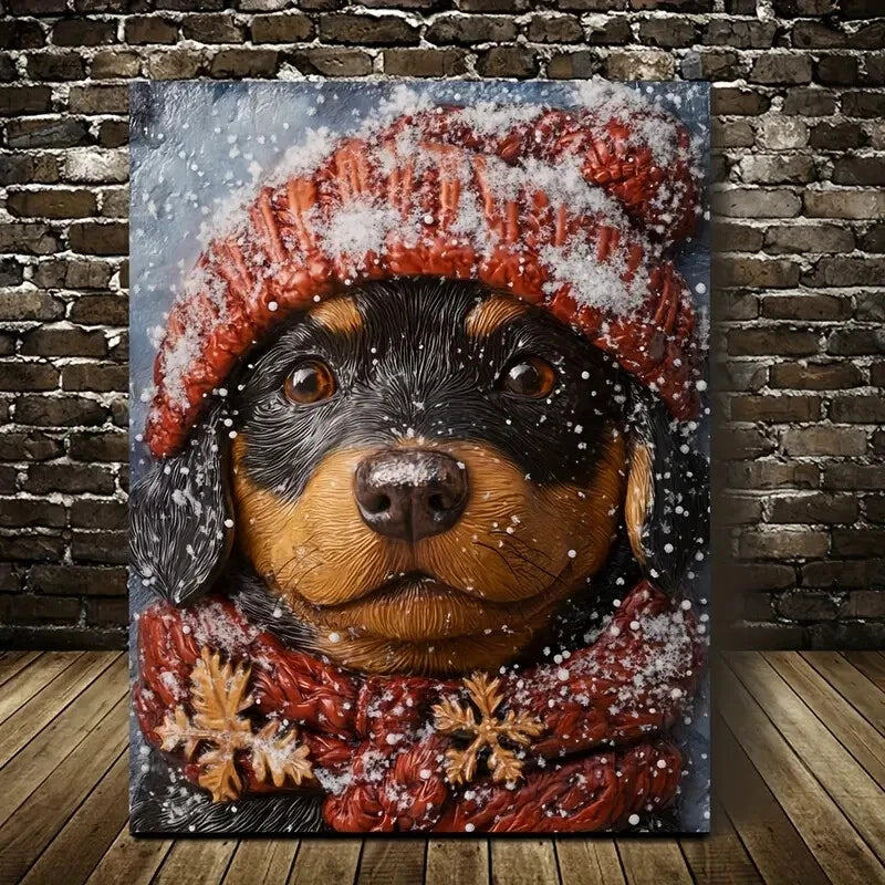 Adorable Rottweiler Puppy Wearing a Winter Painting 40x60cm Metal Print Ready to Hang - Bella Home Decor
