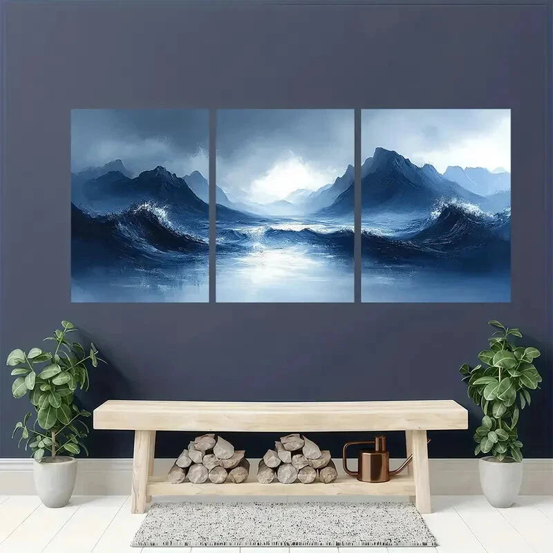 3pcs Mountain and Ocean Abstract Landscape Metal Print Ready to Hang Art - Bella Home Decor