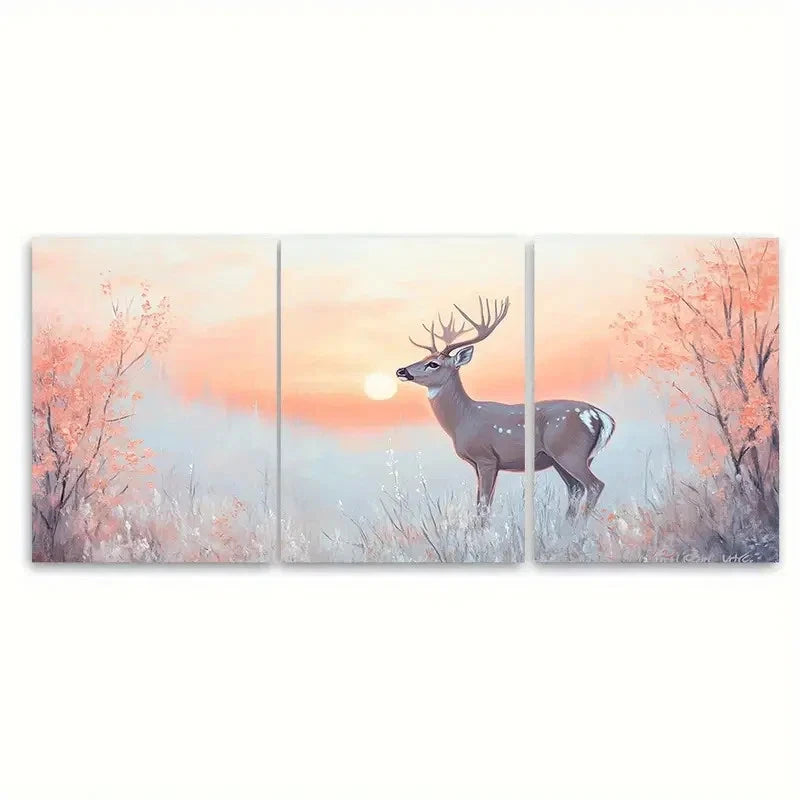 3pcs Graceful Deer under Soft Pastel Sunrise Wall Art Set Canvas Framed 40x60cm - High Quality Print 100% Australian Made Wall Canvas Ready to Hang