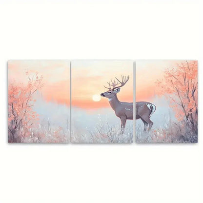 3pcs Graceful Deer under Soft Pastel Sunrise Wall Art Set Canvas Framed 40x60cm - High Quality Print 100% Australian Made Wall Canvas Ready to Hang
