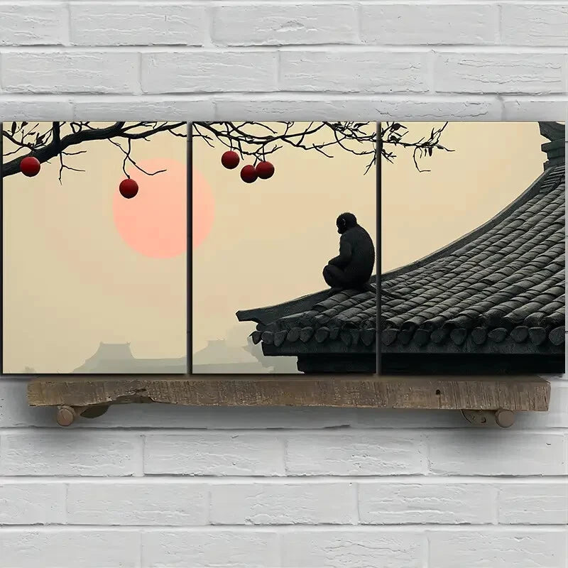 3pcs The Persimmon Tree On The Eaves Monkey Metal Print Ready to Hang Art - Bella Home Decor