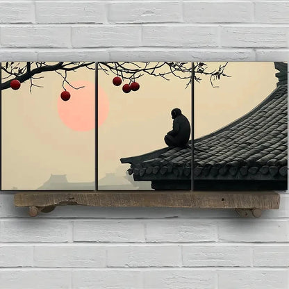 3pcs The Persimmon Tree On The Eaves Monkey Metal Print Ready to Hang Art - Bella Home Decor