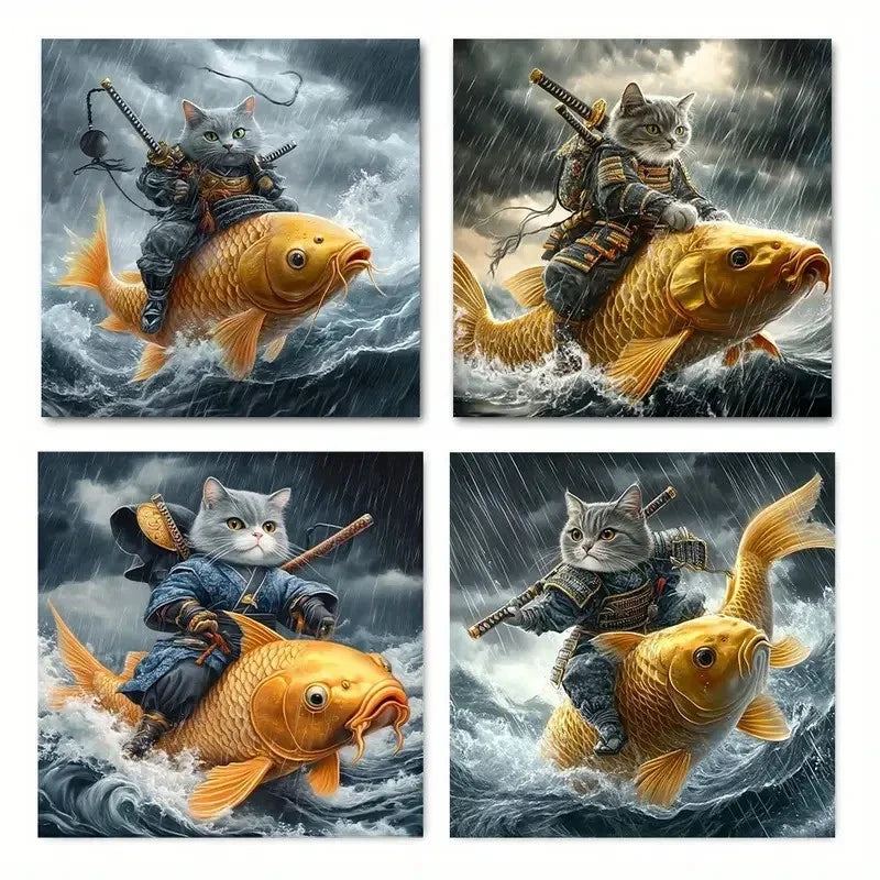 4pcs Cartoon Cat and Fish for Wall Art Canvas Framed