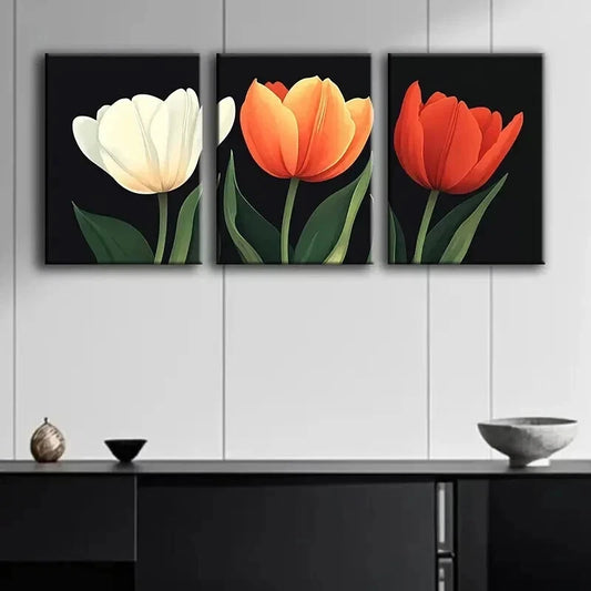 3pcs Three Tulips Luxurious Colorful Perfect Wall Art Set Canvas Framed 60x90cm - High Quality Print 100% Australian Made Wall Canvas Ready to Hang