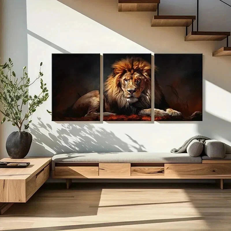 3pcs Lion Vintage Animal Aesthetic Painting Wall Art Set Canvas Framed 60x90cm - High Quality Print 100% Australian Made Wall Canvas Ready to Hang - Bella Home Decor