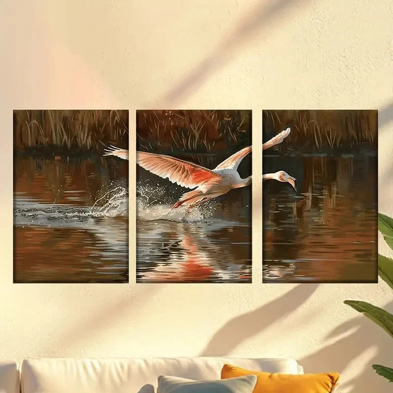 3pcs Flamingos Flying Over the Lake Wall Art Set Canvas Framed 40x60cm - High Quality Print 100% Australian Made Wall Canvas Ready to Hang