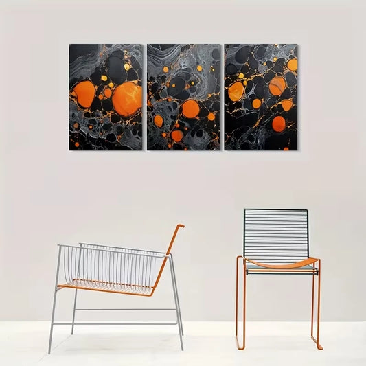 3pcs Abstract Orange And Black Marble Metal Print Ready to Hang Art