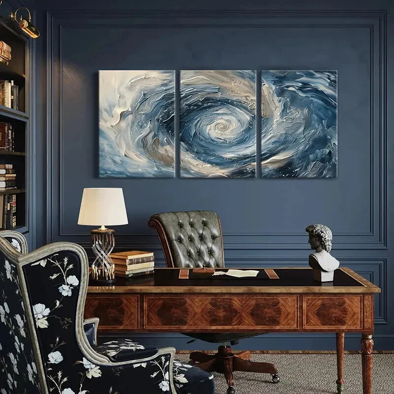 3pcs Abstract Swirl Art Blue White Palette Metal Print Ready to Hang Art - Bella Home Decor