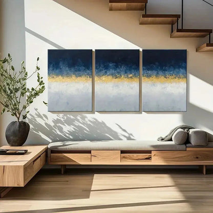 3pcs Blue Golden White Palette Textured Painting Metal Print Ready to Hang Art - Bella Home Decor