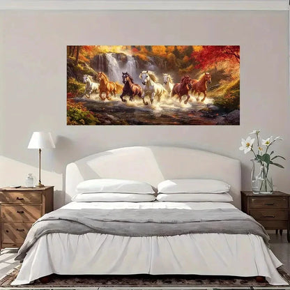 Six Horses Waterfall Wall Art Canvas Office Home Room Framed 120x60cm