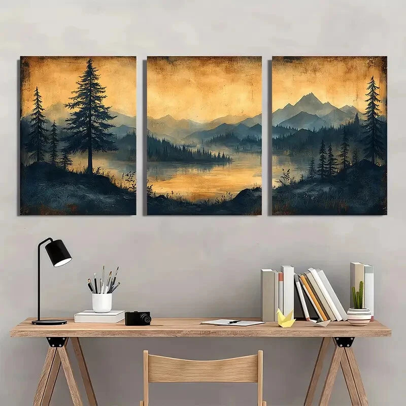3pcs Vintage Sketch Pine Tree Artwork Landscape Metal Print Ready to Hang Art - Bella Home Decor