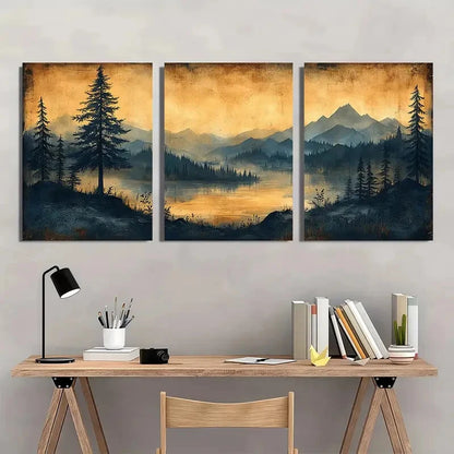 3pcs Vintage Sketch Pine Tree Artwork Landscape Metal Print Ready to Hang Art - Bella Home Decor