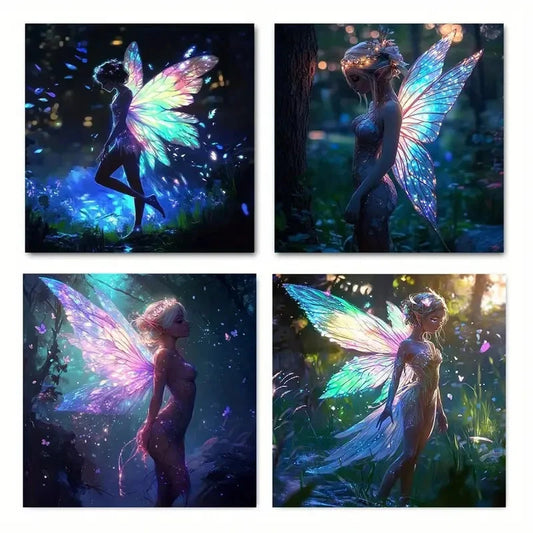 4pcs Ethereal Fairy Design With Glowing Wings  Wall Art Canvas Framed