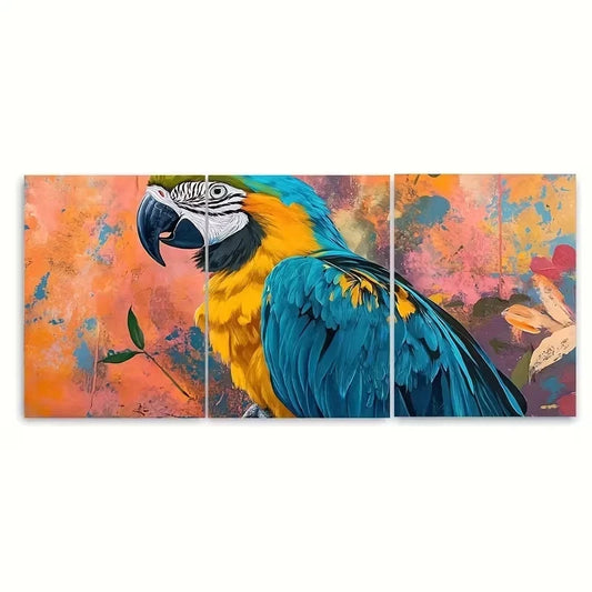 3pcs Vibrant Blue And Yellow Macaw Wall Art Set Canvas Framed 50x70cm - High Quality Print 100% Australian Made Wall Canvas Ready to Hang