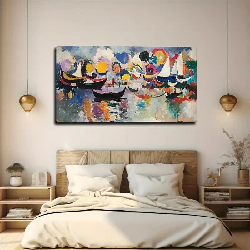 Impressionist Sailboat Scene Wall Art canvas office home room framed 120x60cm - Bella Home Decor
