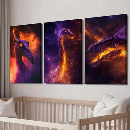 3pcs Jurassic Dinosaur with Vibrant Flame Wall Art Canvas Unframed - High Quality Print 100% Australian Made Wall Canvas