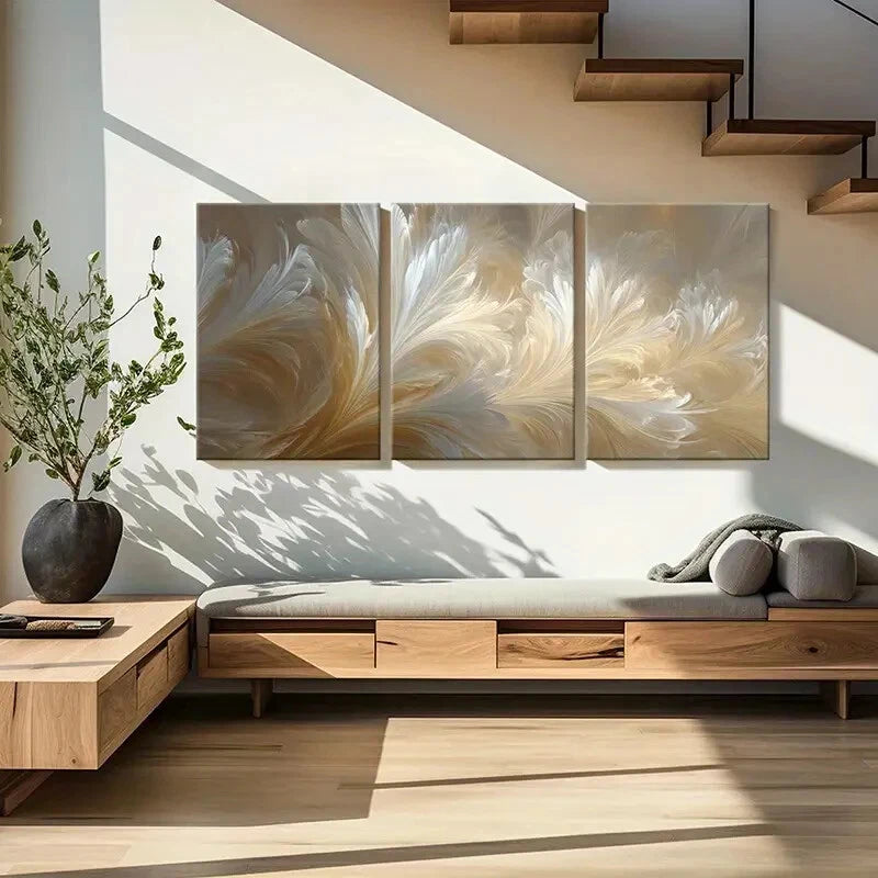 3pcs Abstract Feather Art Elegant Pastel Colors Metal Print Ready to Hang Art - Bella Home Decor