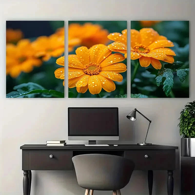3pcs Vibrant Calendula Marigold with Raindrops Metal Print Ready to Hang Art - Bella Home Decor