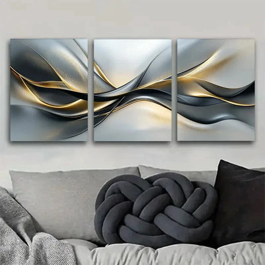 3pcs Modern Elegant Silver Black And Golden Metal Print Ready to Hang Art