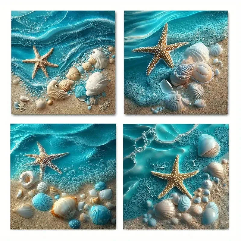 4pcsStarfish & Seashell Beach SceneWall Art Canvas Framed