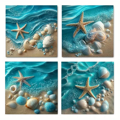 4pcsStarfish & Seashell Beach SceneWall Art Canvas Framed