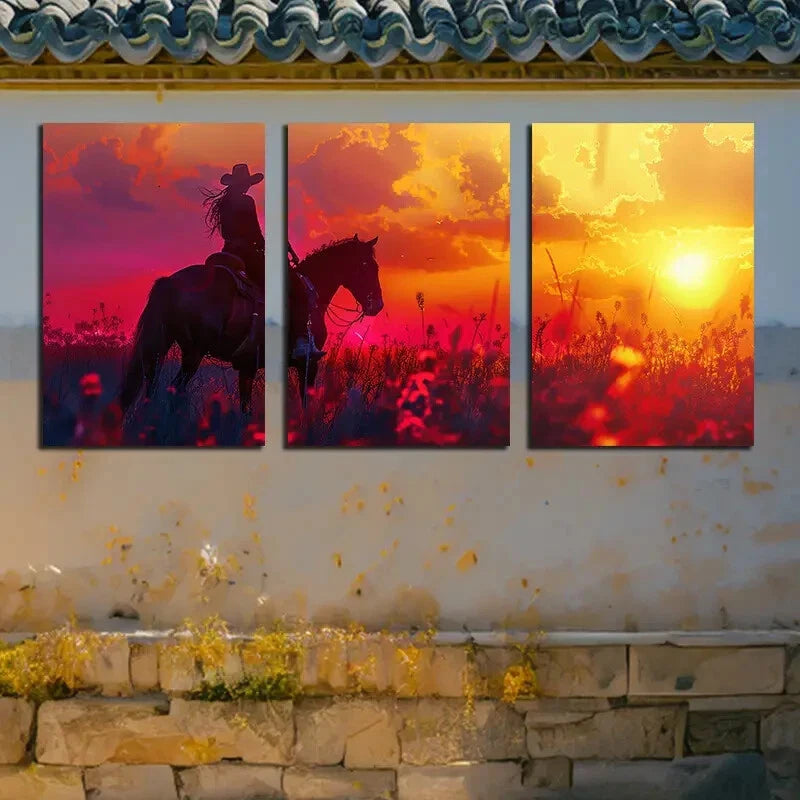 3pcs Vibrant Horseman Sunset Scene Metal Print Ready to Hang Art - Bella Home Decor