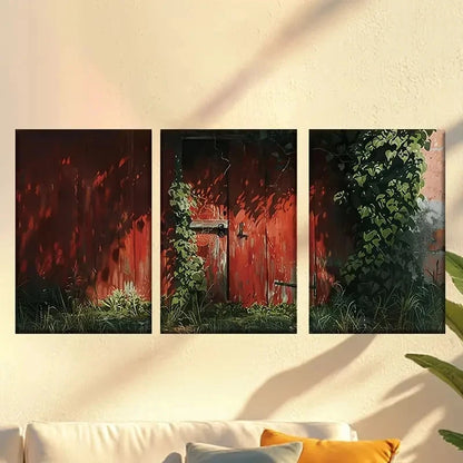 3pcs Vibrant Red Door with Greenery Wall Art Set Canvas Framed 60x90cm - High Quality Print 100% Australian Made Wall Canvas Ready to Hang